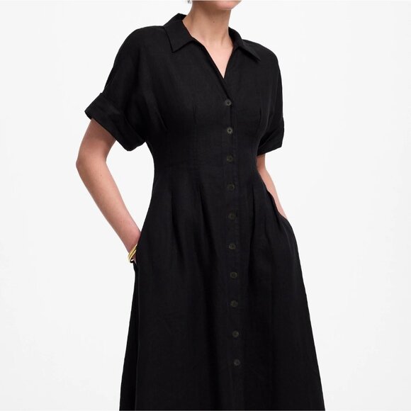 NWT Madewell Sz M Pleated Midi Shirtdress 100% Linen Black Short Sleeve NU580 - Picture 2 of 13